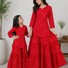 Mom & Me Red Bandhej Printed Cotton Kurta with Flared Skirt Set