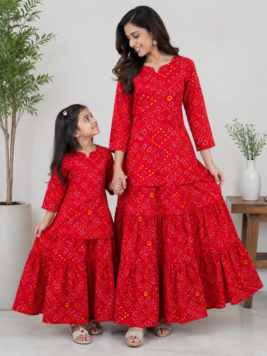 Mom & Me Red Bandhej Printed Cotton Kurta with Flared Skirt Set