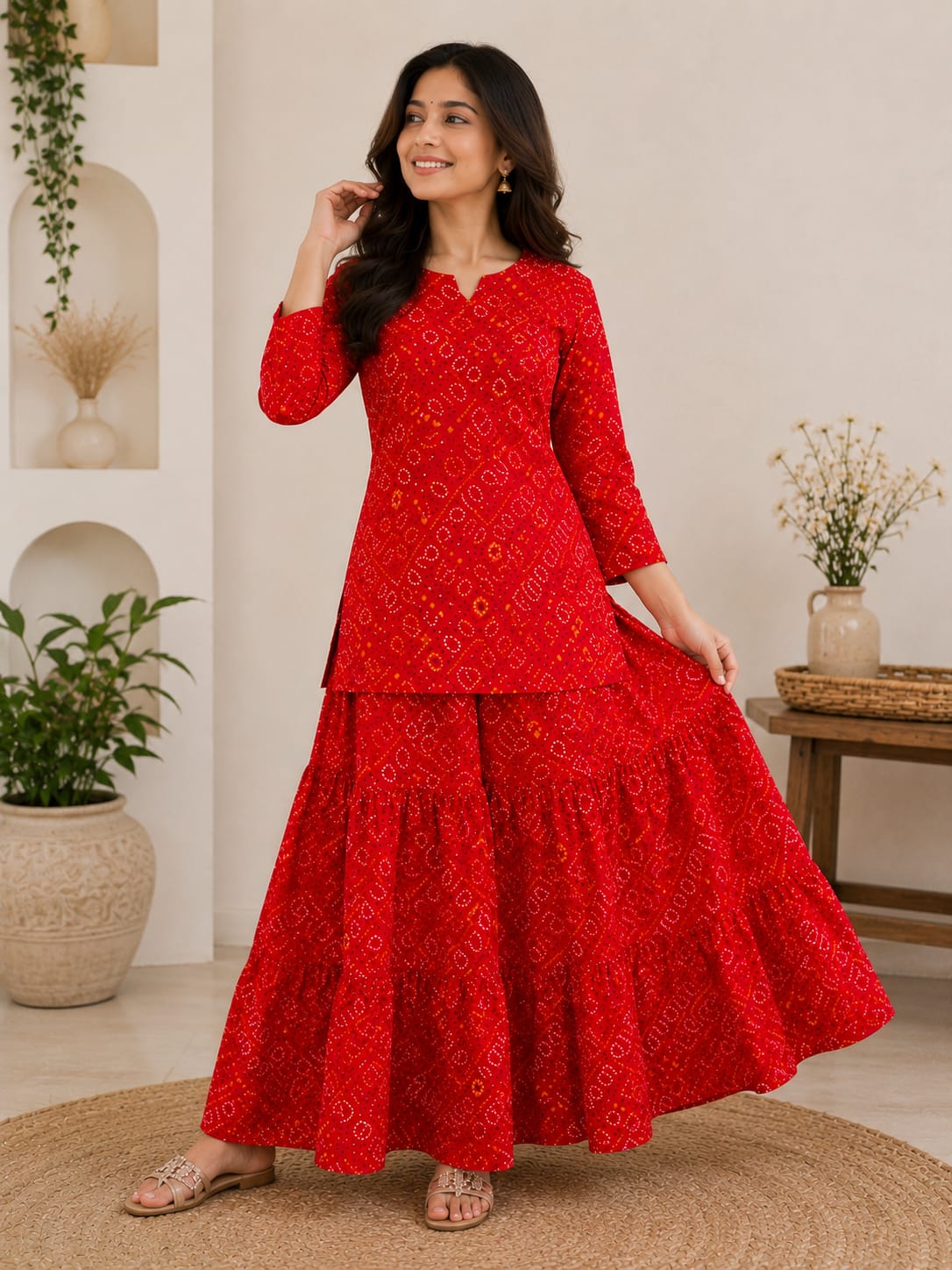 Women's Red Bandhej Printed Cotton Kurta with Flared Skirt Set