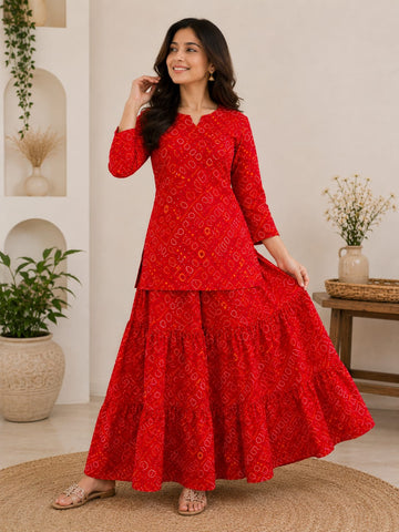 Women's Red Bandhej Printed Cotton Kurta with Flared Skirt Set