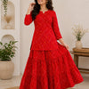 Women's Red Bandhej Printed Cotton Kurta with Flared Skirt Set