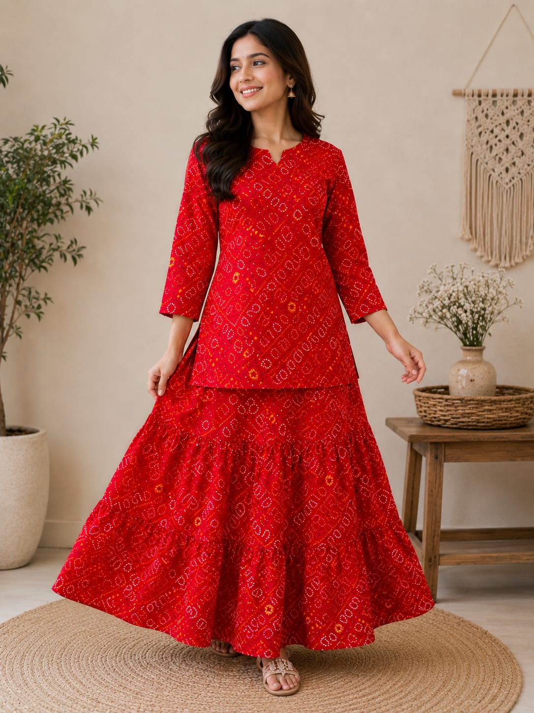 Women's Red Bandhej Printed Cotton Kurta with Flared Skirt Set