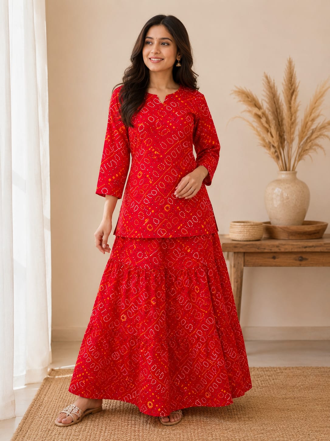 Women's Red Bandhej Printed Cotton Kurta with Flared Skirt Set