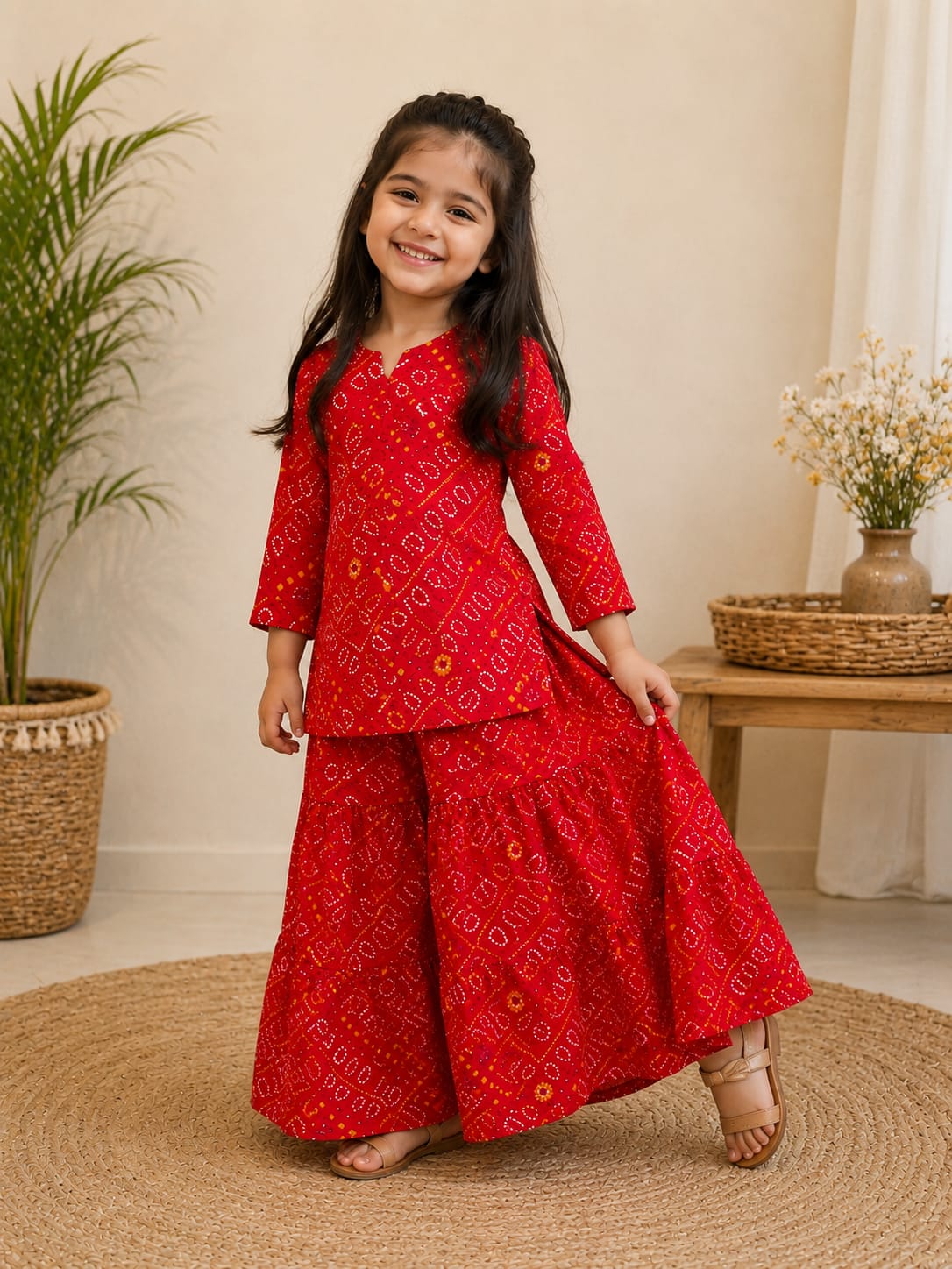 Baby Girls Red Bandhej Printed Cotton Kurta with Flared Skirt Set