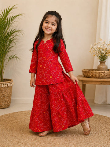 Baby Girls Red Bandhej Printed Cotton Kurta with Flared Skirt Set