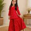 Baby Girls Red Bandhej Printed Cotton Kurta with Flared Skirt Set