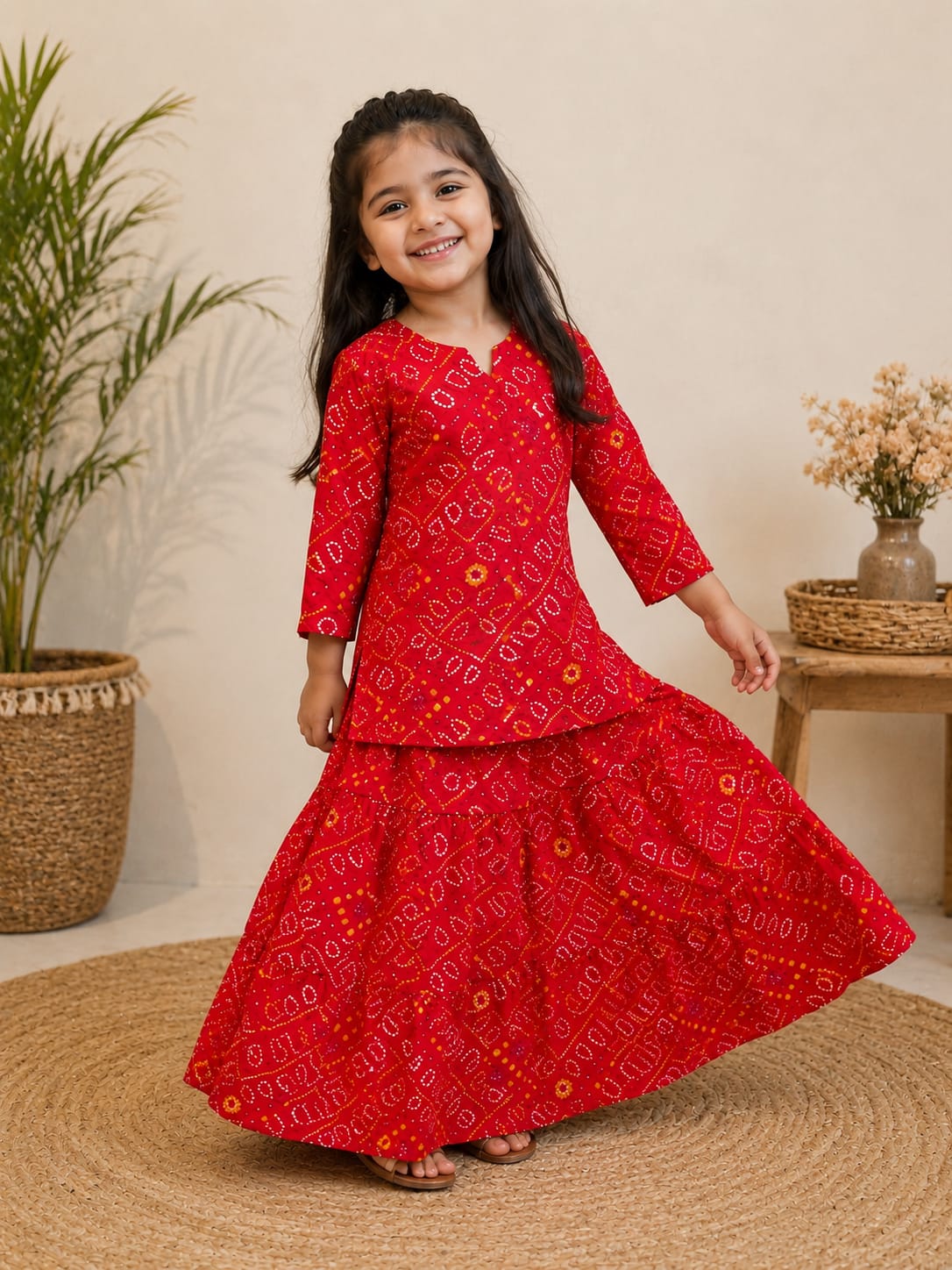 Baby Girls Red Bandhej Printed Cotton Kurta with Flared Skirt Set