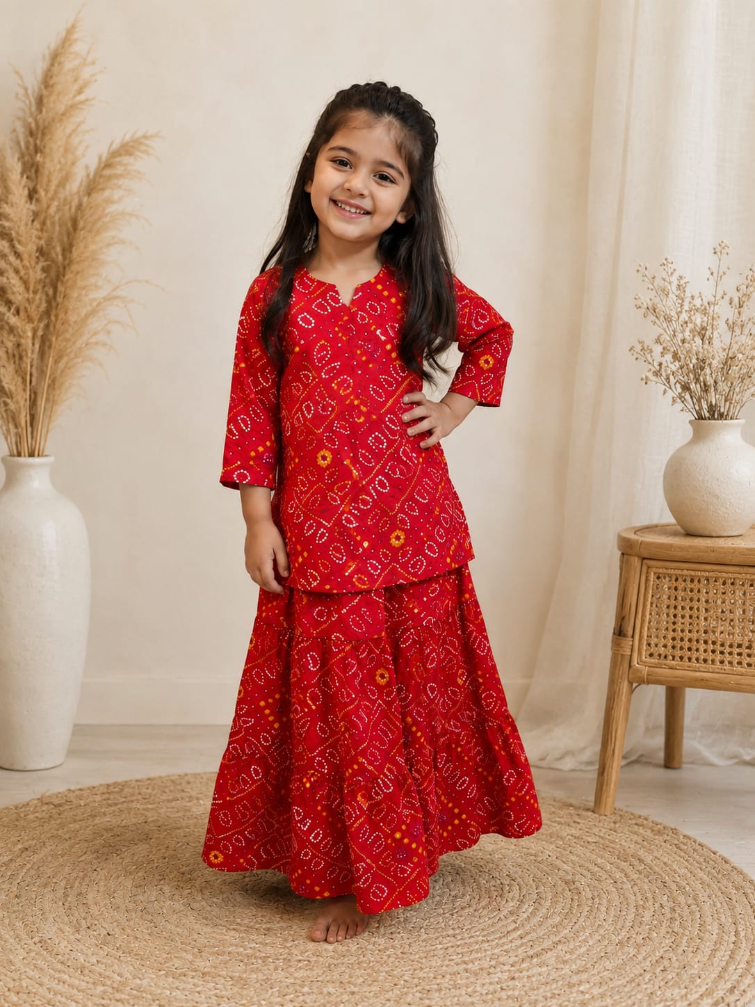 Baby Girls Red Bandhej Printed Cotton Kurta with Flared Skirt Set