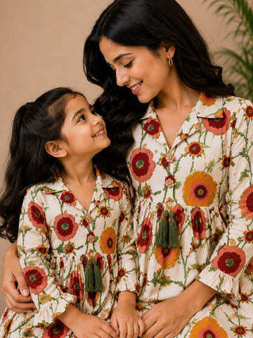 Mom & Daughter Ivory Floral Printed Cotton Top with White Trouser Matching Co-ord Set