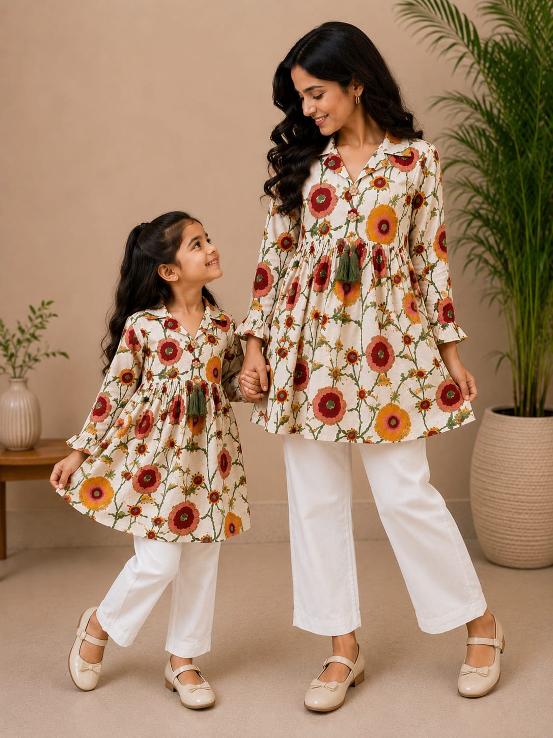 Mom & Daughter Ivory Floral Printed Cotton Top with White Trouser Matching Co-ord Set