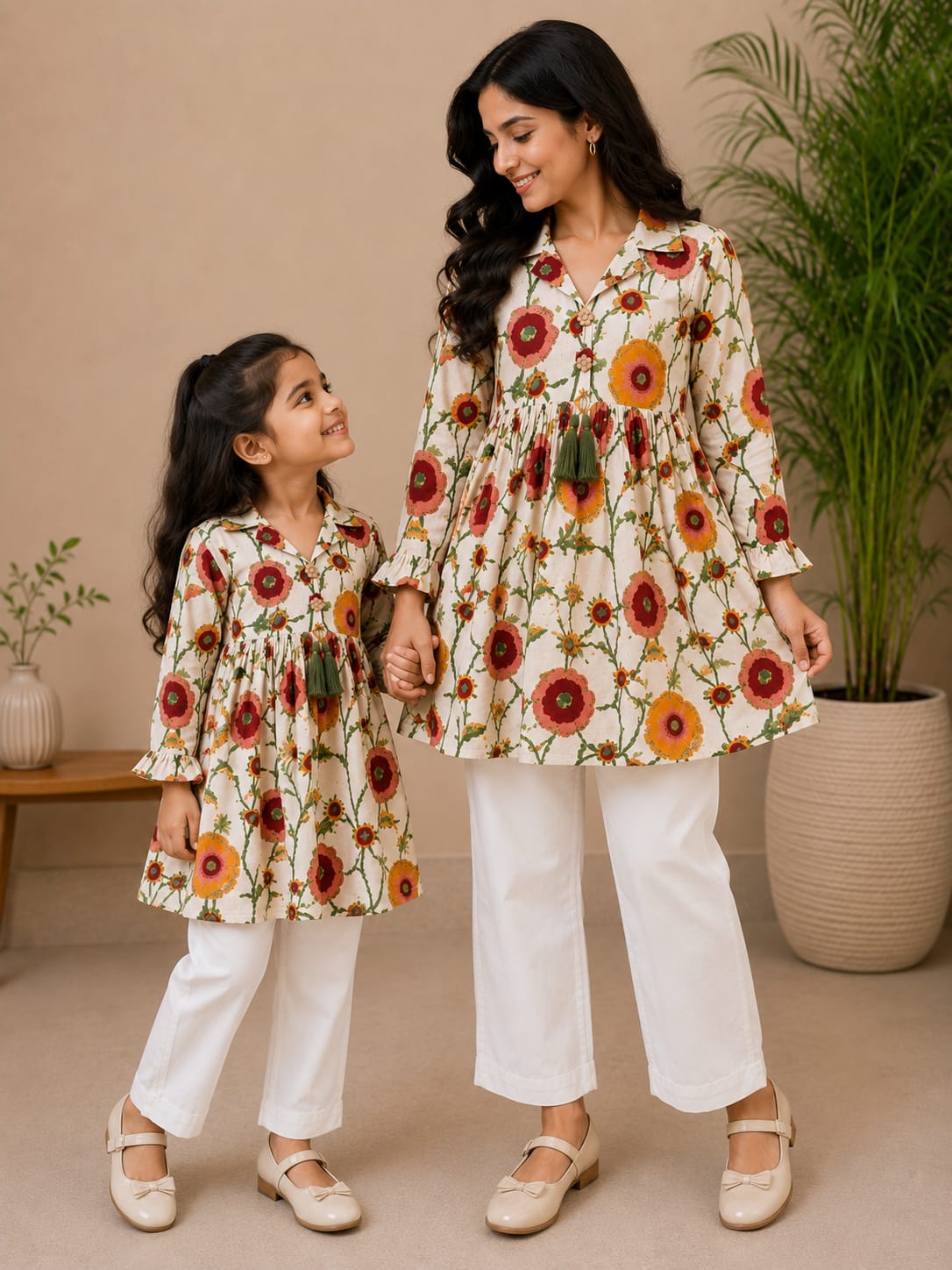 Mom & Daughter Ivory Floral Printed Cotton Top with White Trouser Matching Co-ord Set
