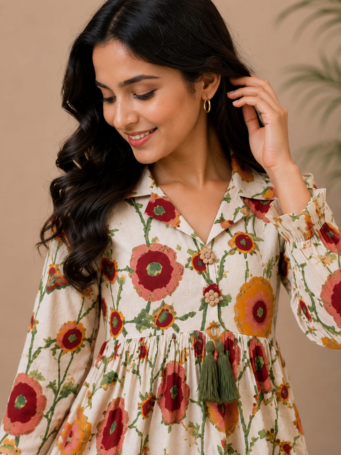 Women's Ivory Floral Printed Cotton Kurti with White Trouser Co-ord Set