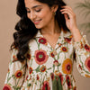 Women's Ivory Floral Printed Cotton Kurti with White Trouser Co-ord Set