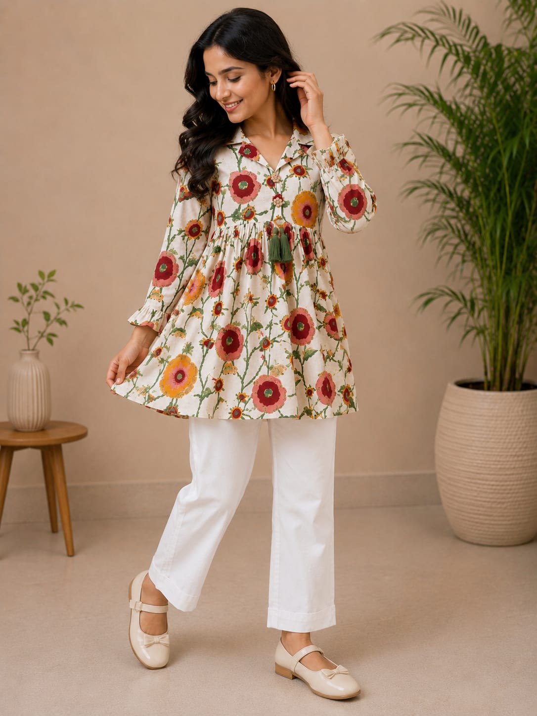 Women's Ivory Floral Printed Cotton Kurti with White Trouser Co-ord Set