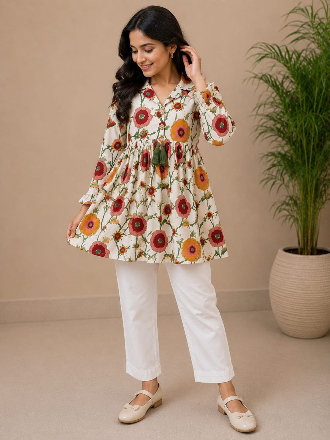 Women's Ivory Floral Printed Cotton Kurti with White Trouser Co-ord Set