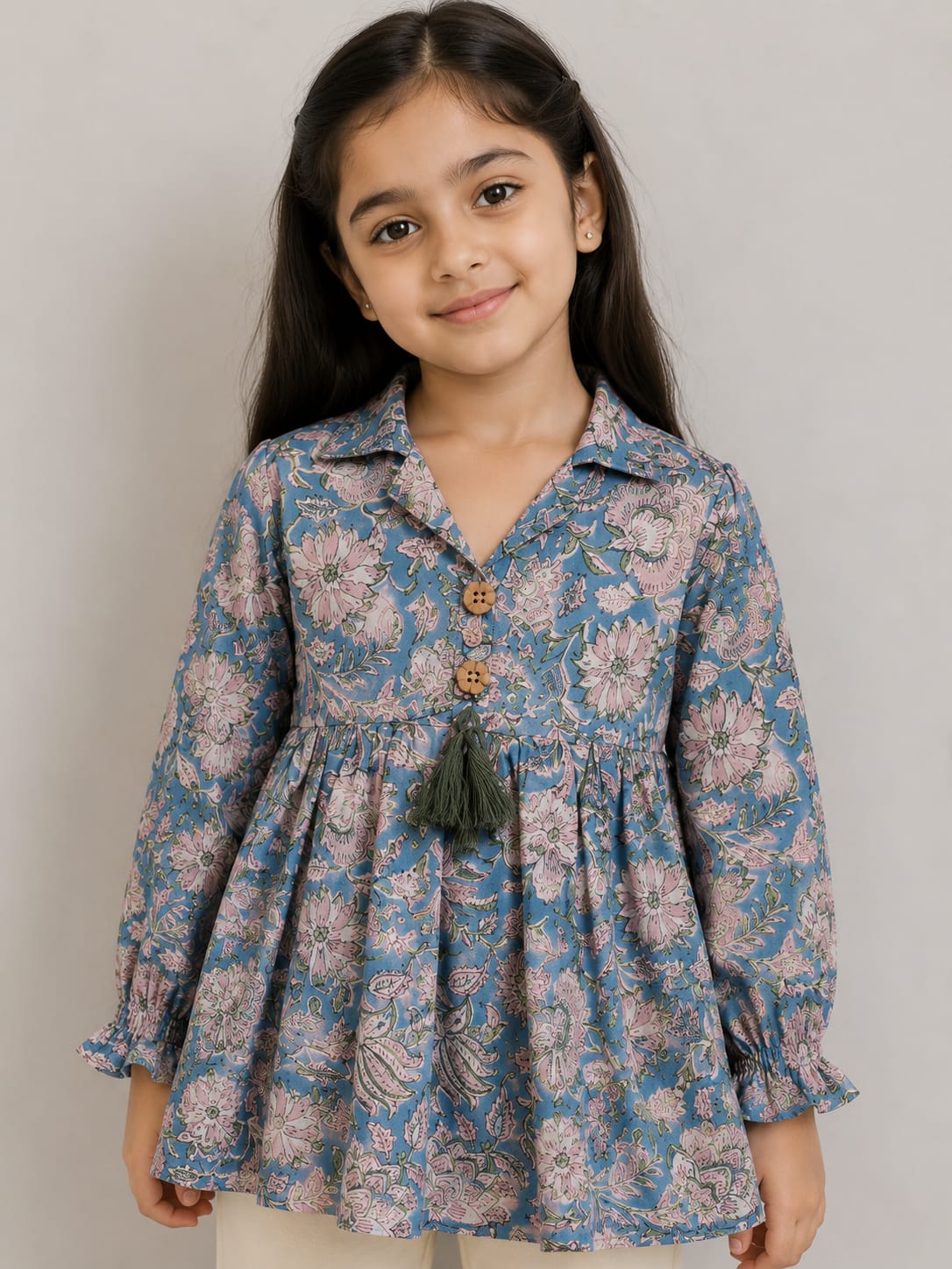 Girl Child Sky Blue Floral Printed Cotton Kurti with Off-White Trouser Co-ord Set