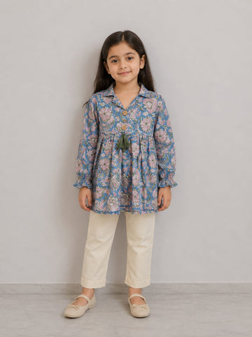Girl Child Sky Blue Floral Printed Cotton Kurti with Off-White Trouser Co-ord Set
