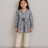 Girl Child Sky Blue Floral Printed Cotton Kurti with Off-White Trouser Co-ord Set