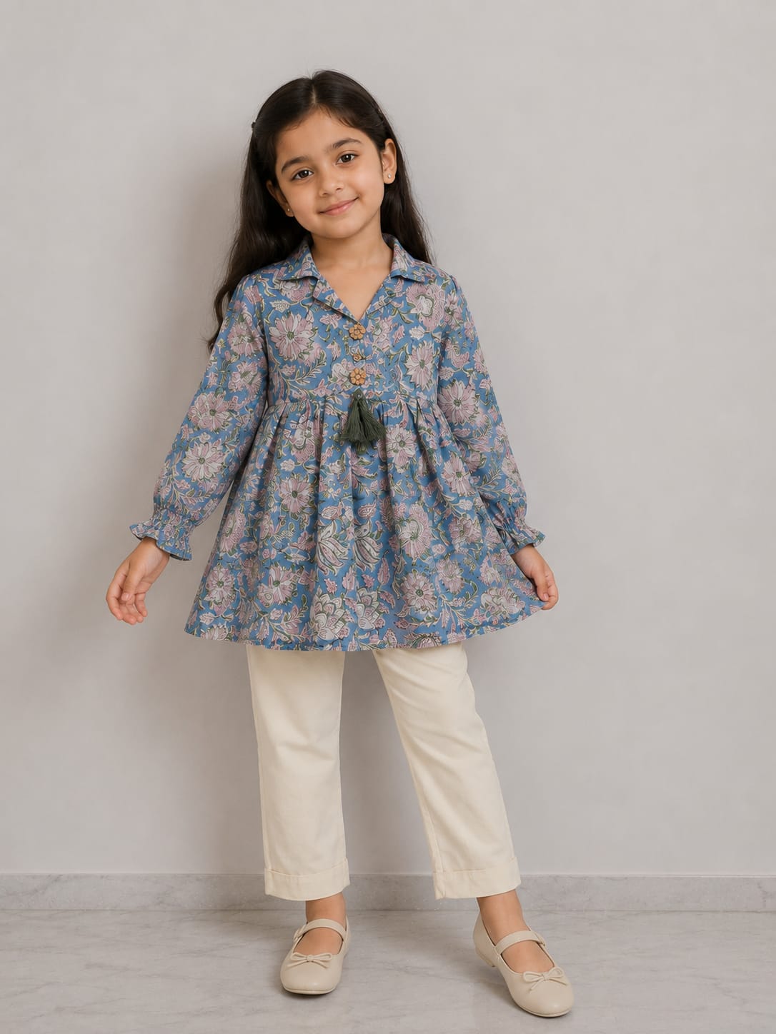 Girl Child Sky Blue Floral Printed Cotton Kurti with Off-White Trouser Co-ord Set