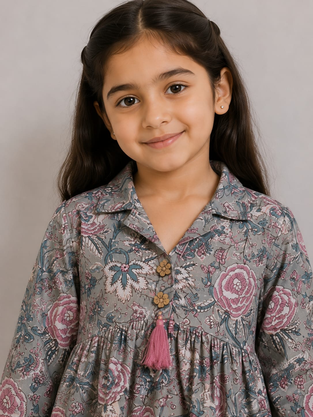 Girl Child Grey Floral Printed Cotton Kurti with Off-White Trouser Co-ord Set