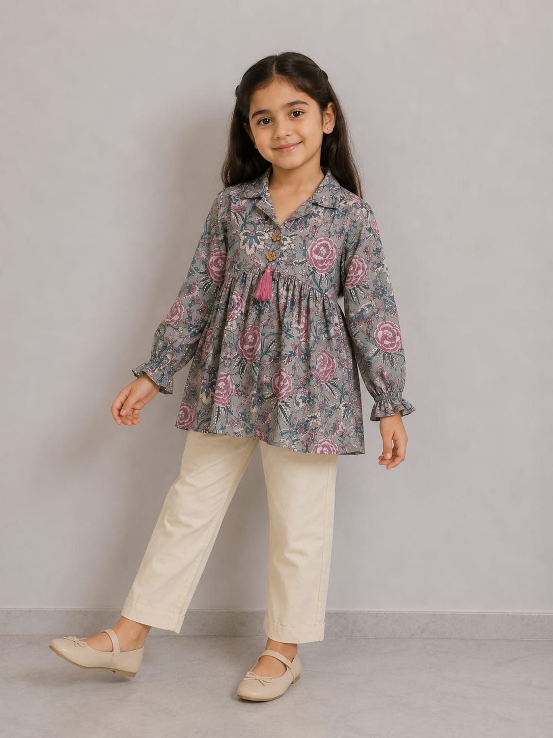 Girl Child Grey Floral Printed Cotton Kurti with Off-White Trouser Co-ord Set