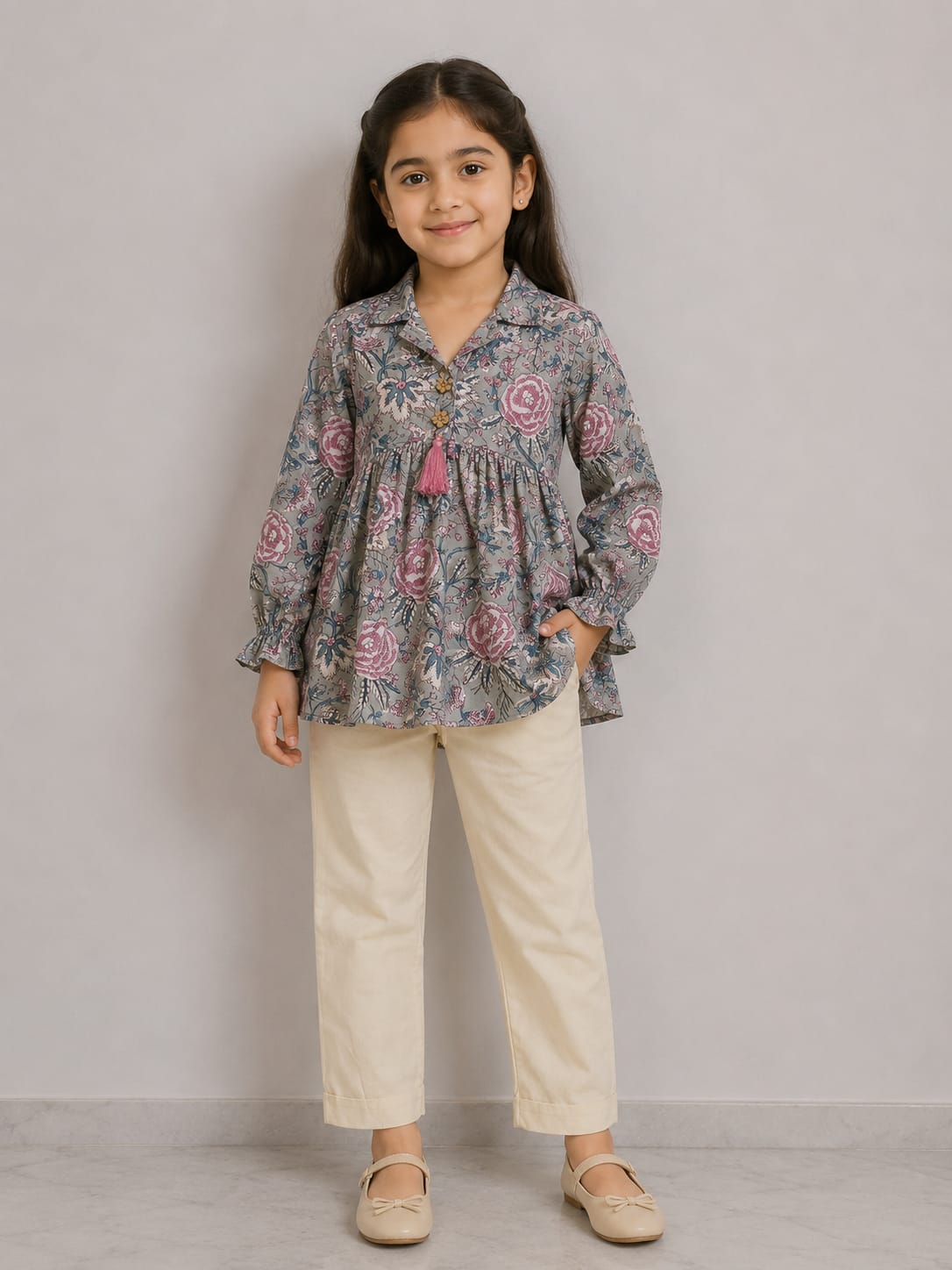 Girl Child Grey Floral Printed Cotton Kurti with Off-White Trouser Co-ord Set