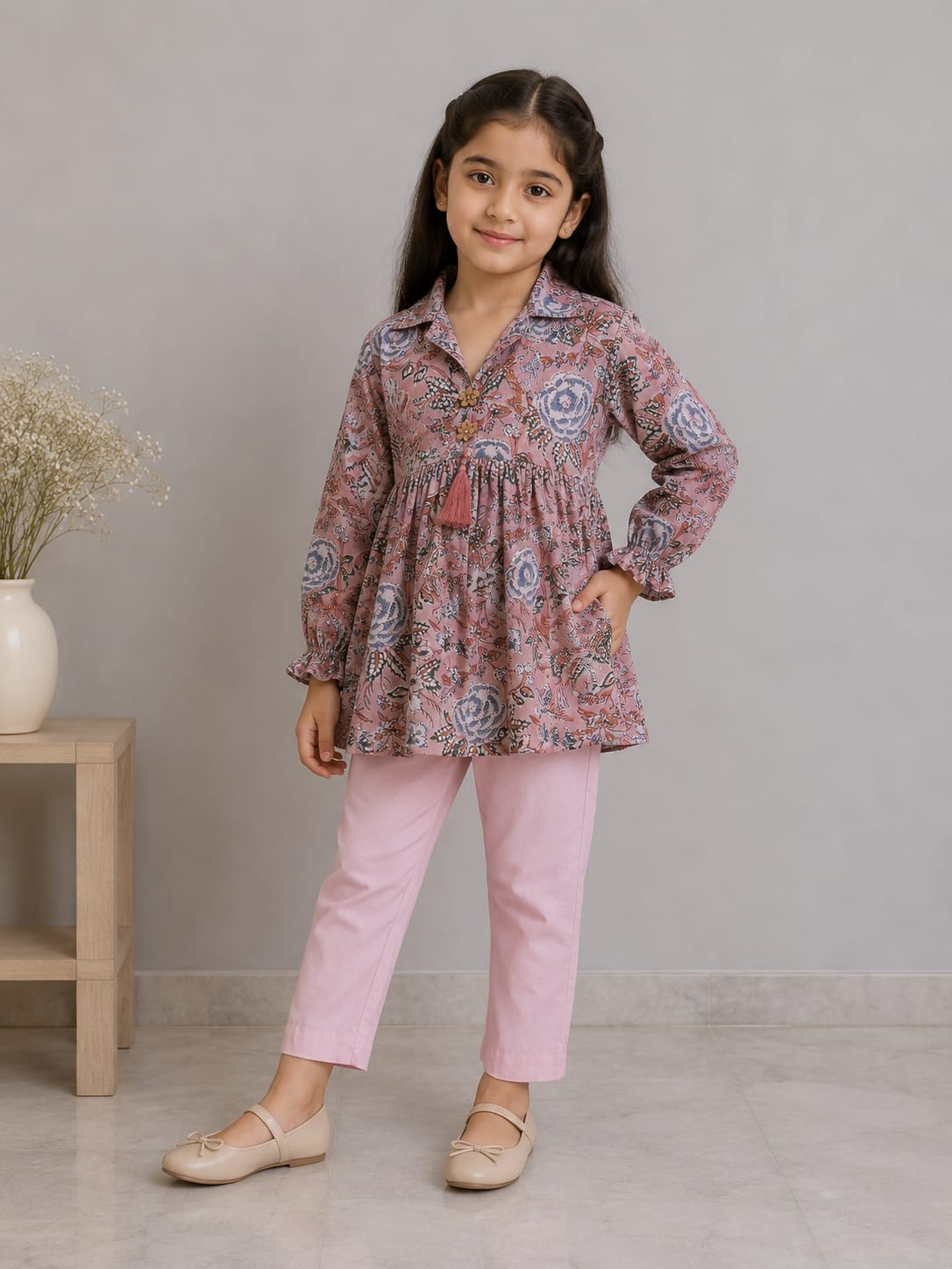 Girl Child Blush Pink Floral Printed Cotton Kurti with Pink Trouser Co-ord Set
