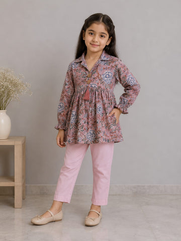 Girl Child Blush Pink Floral Printed Cotton Kurti with Pink Trouser Co-ord Set