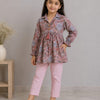 Girl Child Blush Pink Floral Printed Cotton Kurti with Pink Trouser Co-ord Set