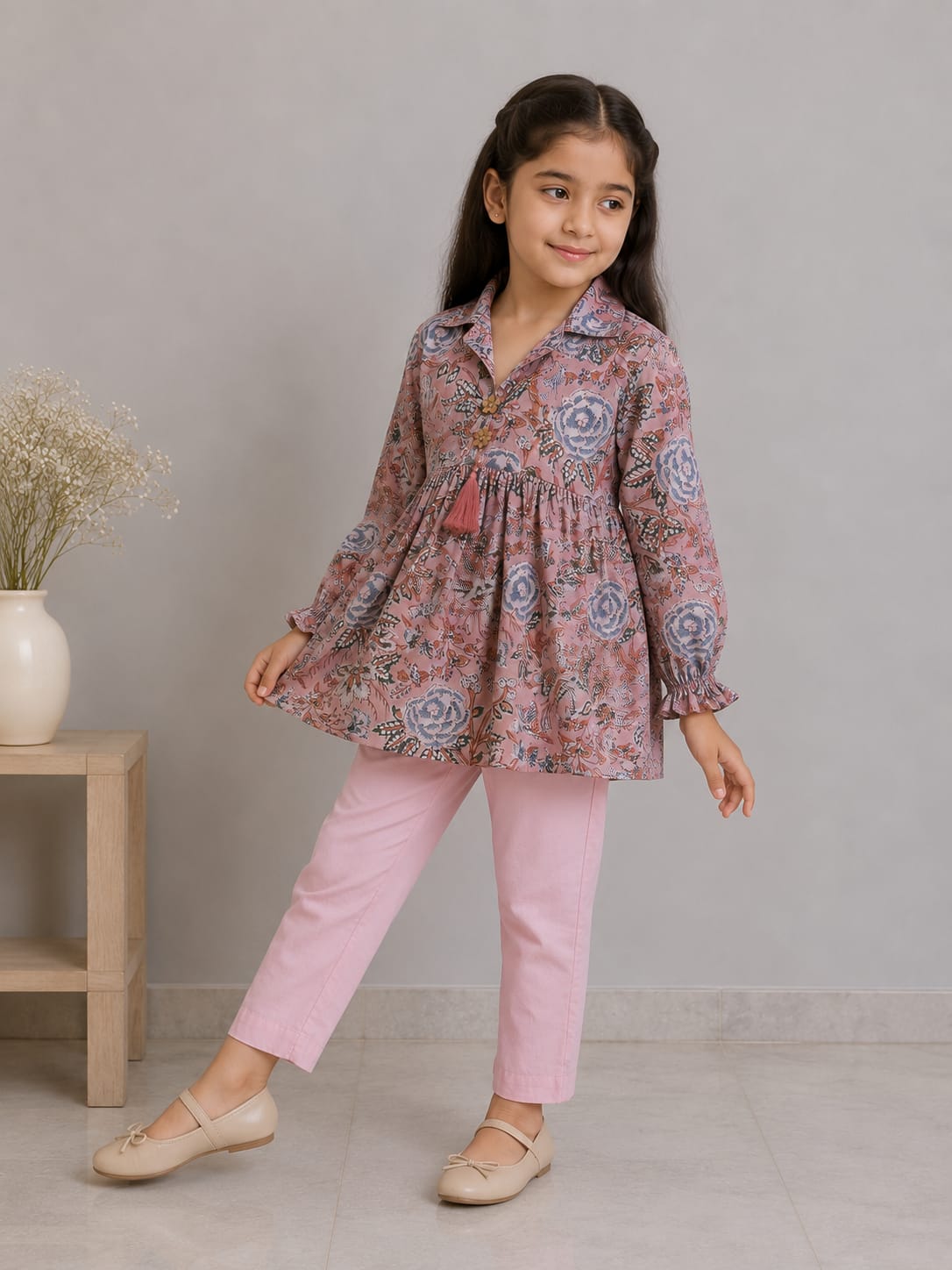 Girl Child Blush Pink Floral Printed Cotton Kurti with Pink Trouser Co-ord Set