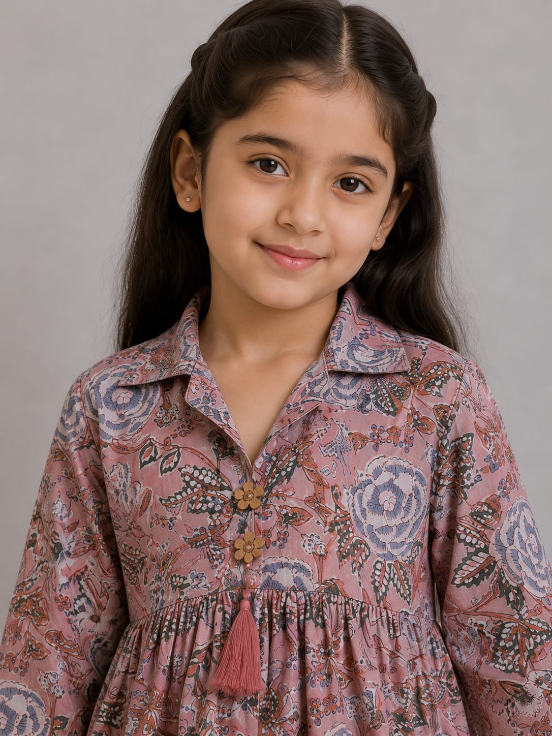 Girl Child Blush Pink Floral Printed Cotton Kurti with Pink Trouser Co-ord Set