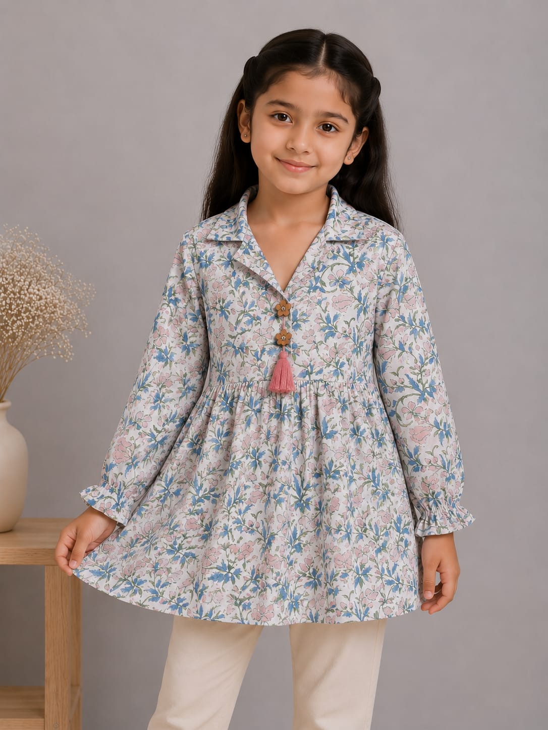 Girl Child White & Sky Blue Floral Printed Cotton Kurti with Off-White Trouser Co-ord Set