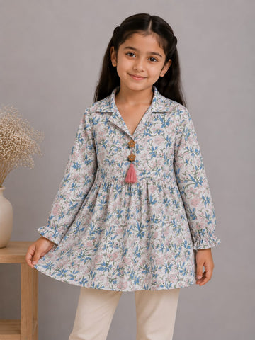 Girl Child White & Sky Blue Floral Printed Cotton Kurti with Off-White Trouser Co-ord Set