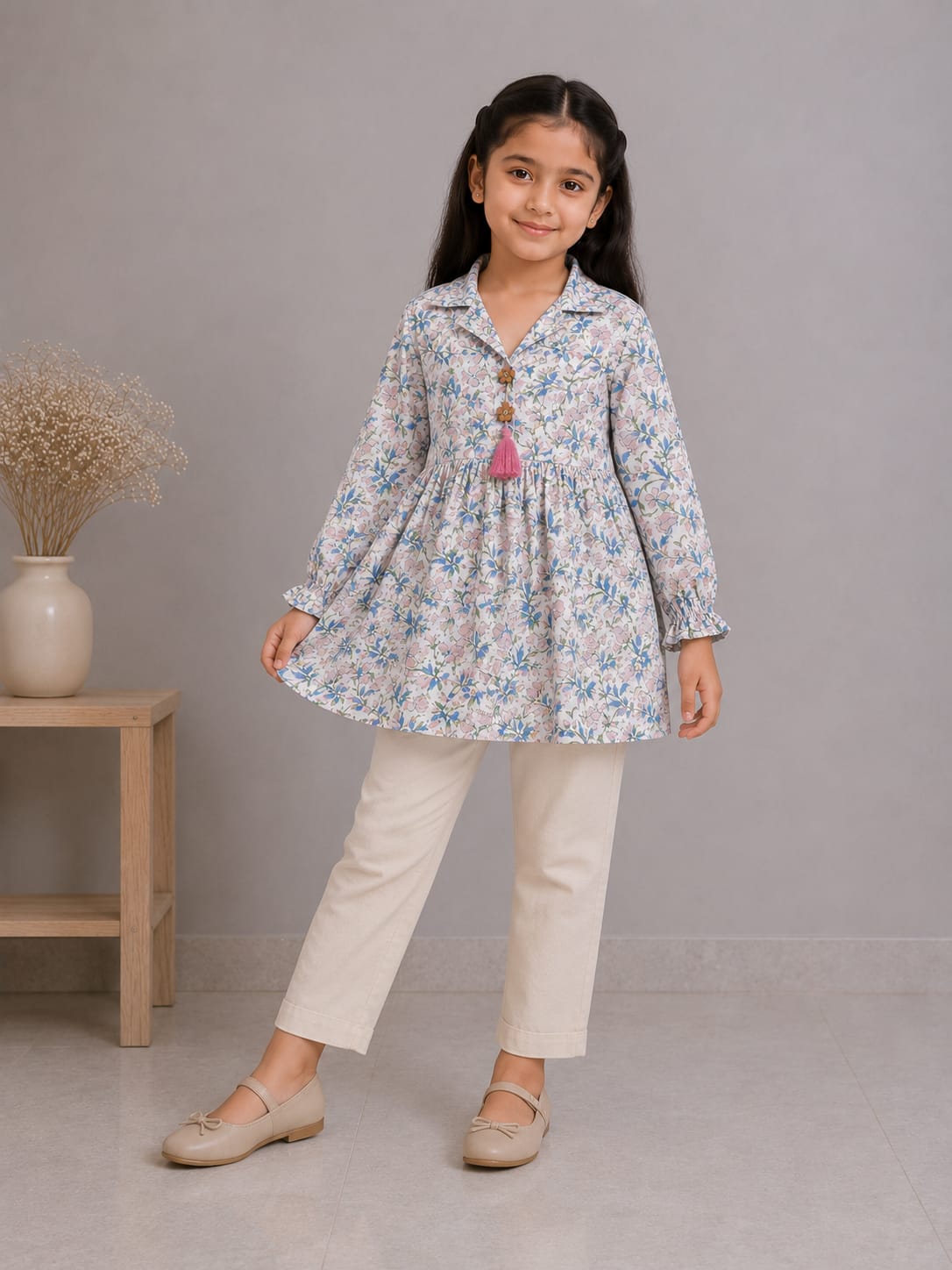 Girl Child White & Sky Blue Floral Printed Cotton Kurti with Off-White Trouser Co-ord Set