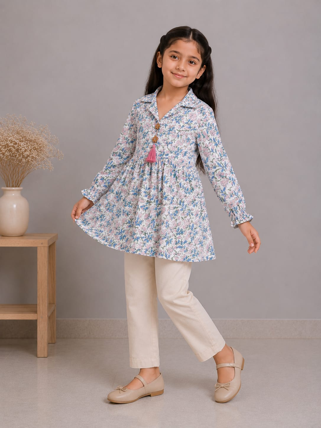 Girl Child White & Sky Blue Floral Printed Cotton Kurti with Off-White Trouser Co-ord Set