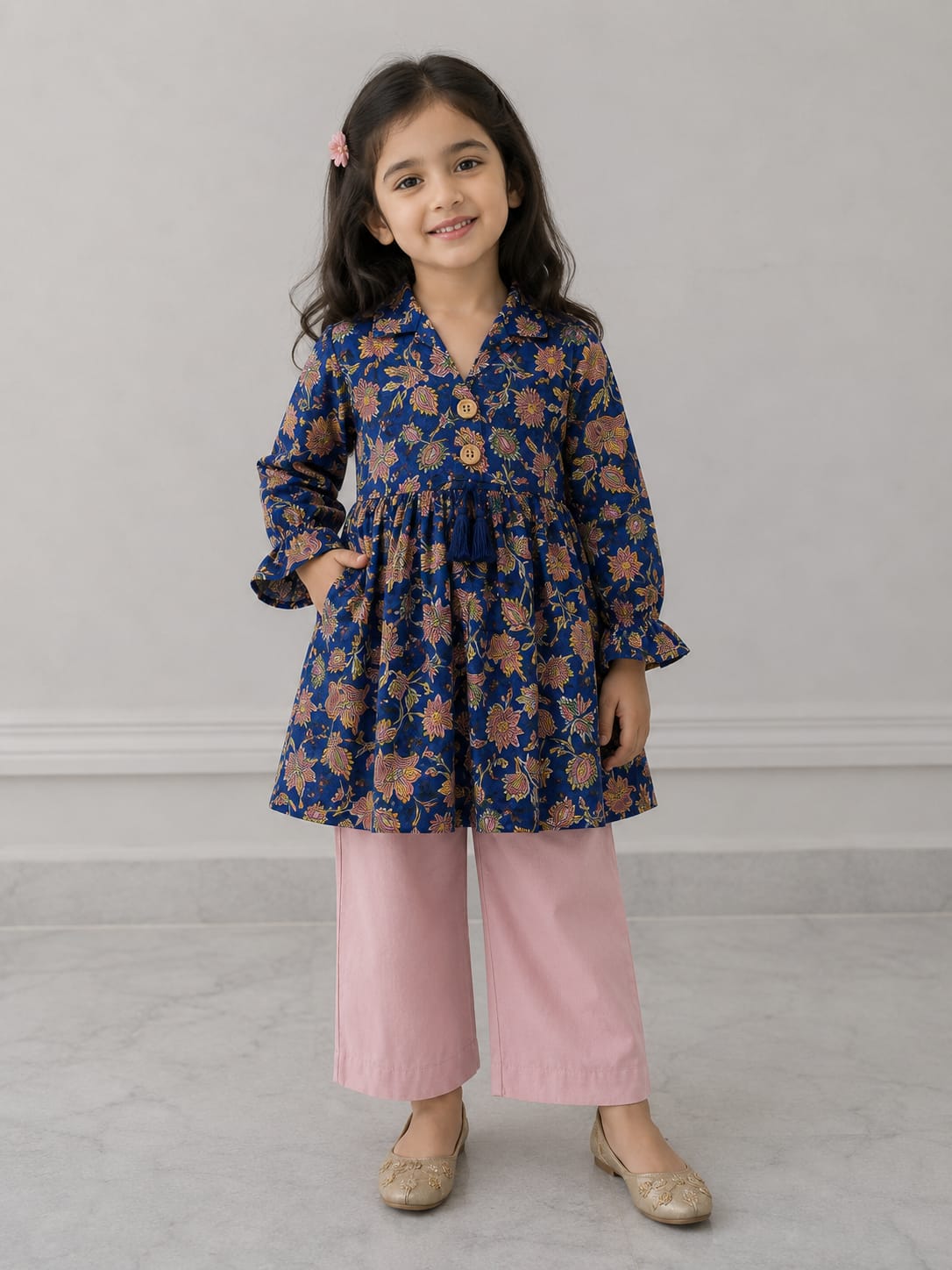 Girl Child Royal Blue Floral Printed Cotton Kurti with Pink Trouser Co-ord Set