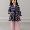 Girl Child Royal Blue Floral Printed Cotton Kurti with Pink Trouser Co-ord Set