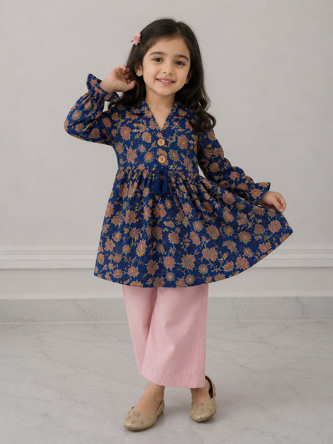 Girl Child Royal Blue Floral Printed Cotton Kurti with Pink Trouser Co-ord Set