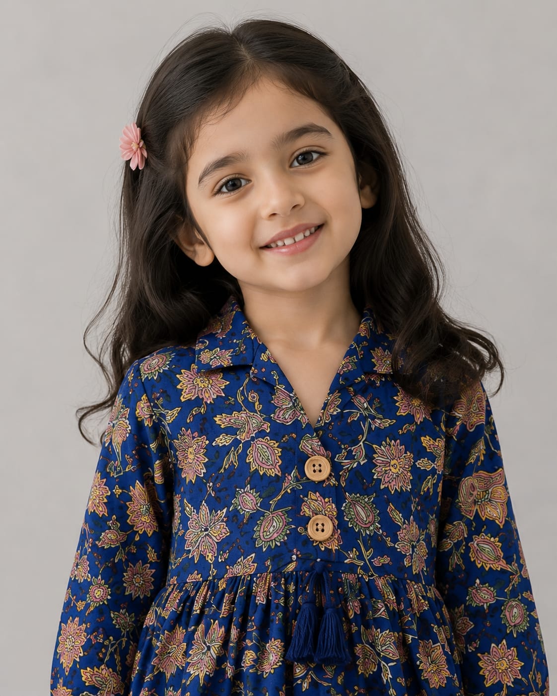 Girl Child Royal Blue Floral Printed Cotton Kurti with Pink Trouser Co-ord Set