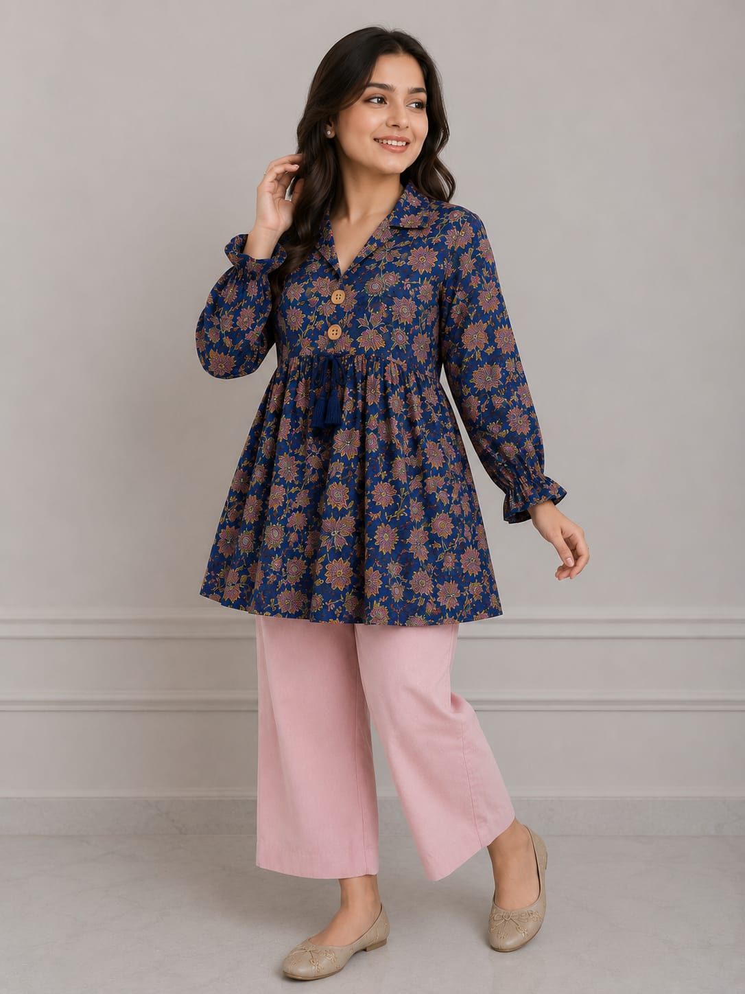 Women's Royal Blue Floral Printed Cotton Kurti with Pink Palazzo Co-ord Set