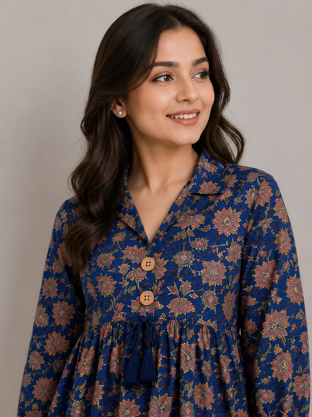 Women's Royal Blue Floral Printed Cotton Kurti with Pink Palazzo Co-ord Set