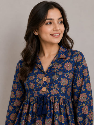 Women's Royal Blue Floral Printed Cotton Kurti with Pink Palazzo Co-ord Set