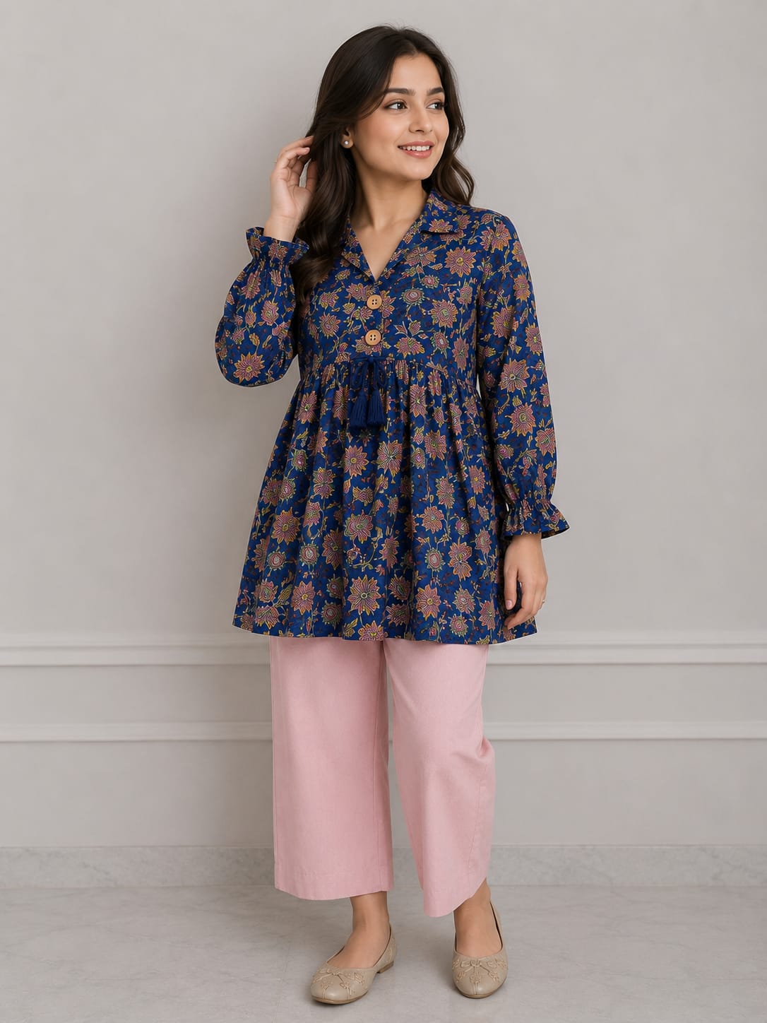 Women's Royal Blue Floral Printed Cotton Kurti with Pink Palazzo Co-ord Set