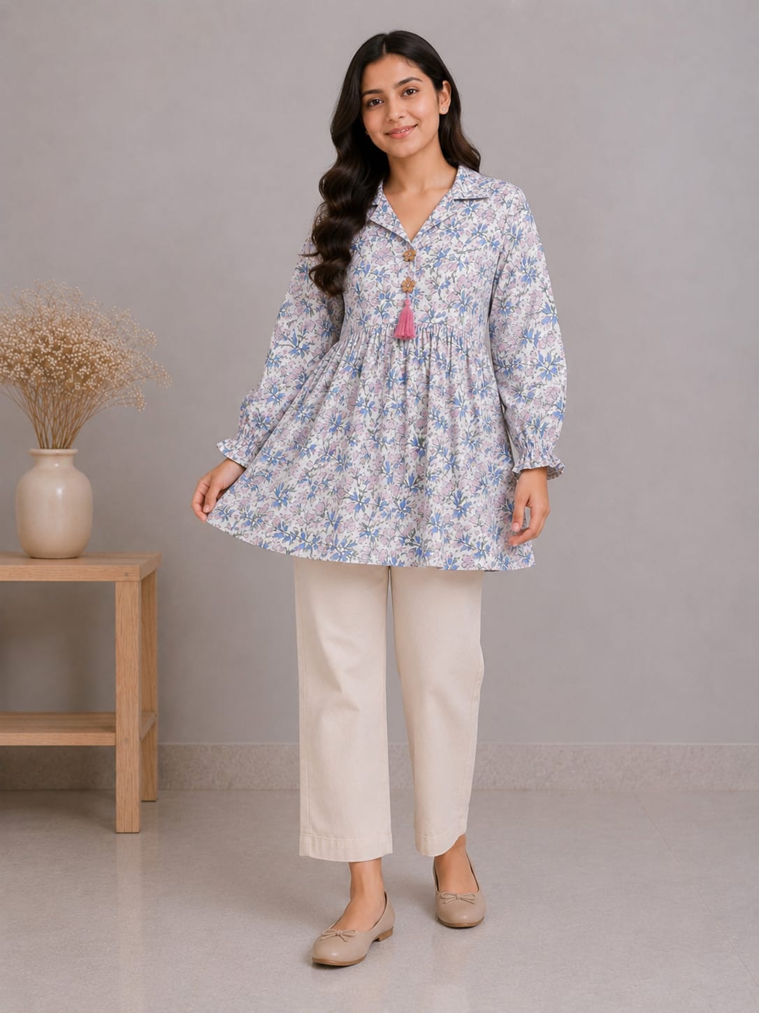 Women's White & Sky Blue Floral Printed Cotton Kurti with Off-White Palazzo Co-ord Set