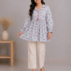 Women's White & Sky Blue Floral Printed Cotton Kurti with Off-White Palazzo Co-ord Set