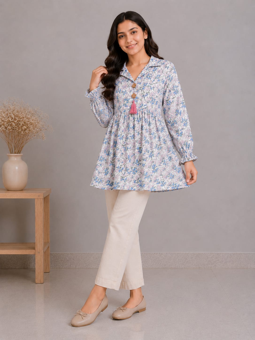 Women's White & Sky Blue Floral Printed Cotton Kurti with Off-White Palazzo Co-ord Set