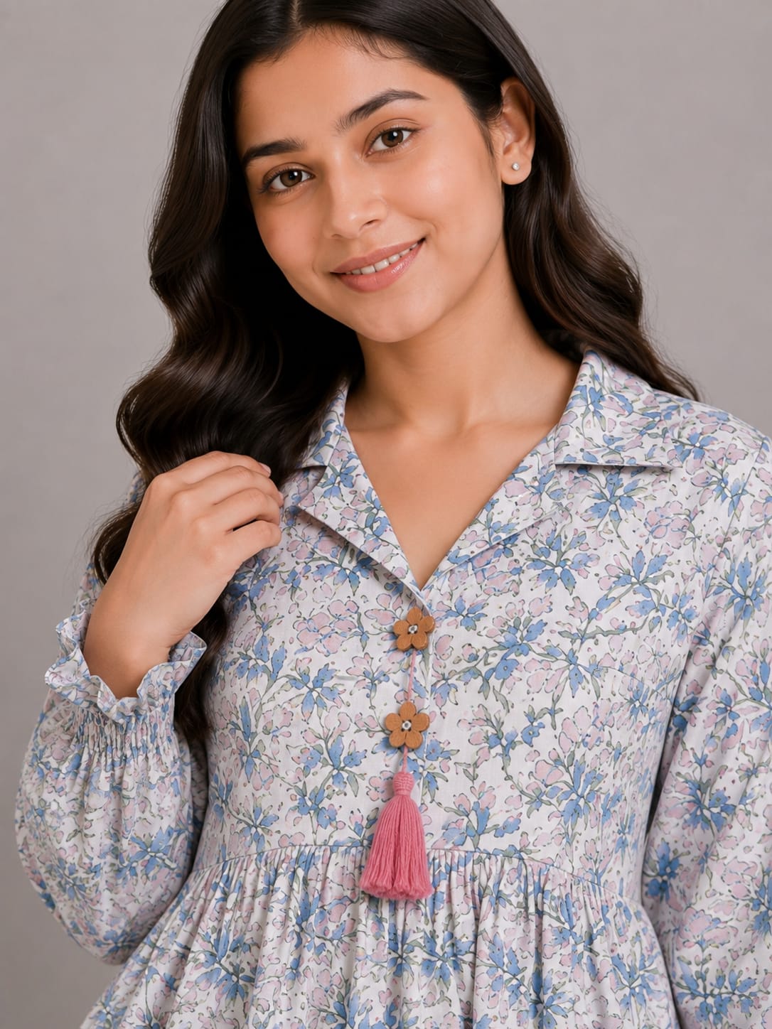 Women's White & Sky Blue Floral Printed Cotton Kurti with Off-White Palazzo Co-ord Set