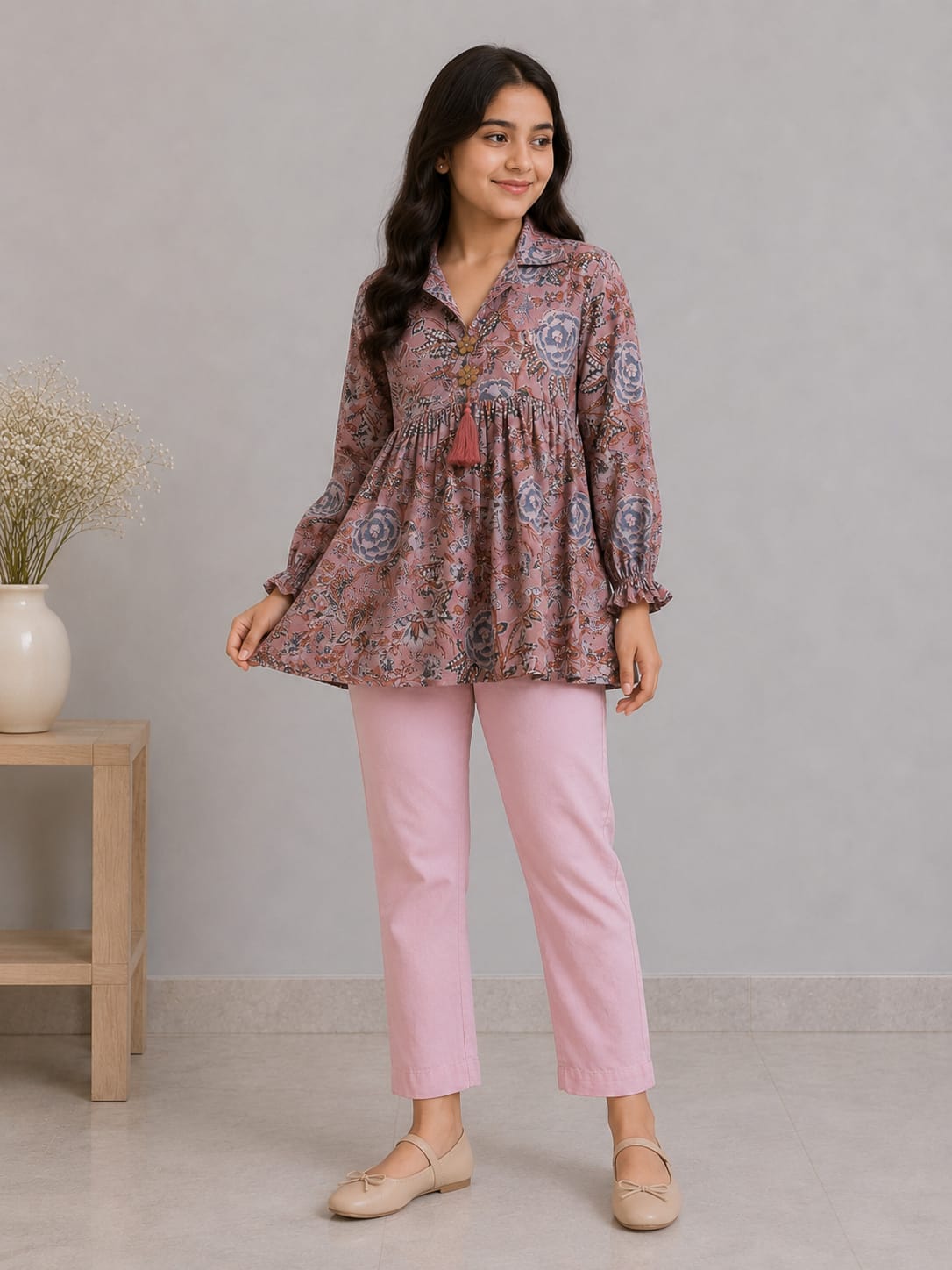 Women's Dusty Rose Floral Printed Cotton Kurti with Blush Pink Pants Co-ord Set