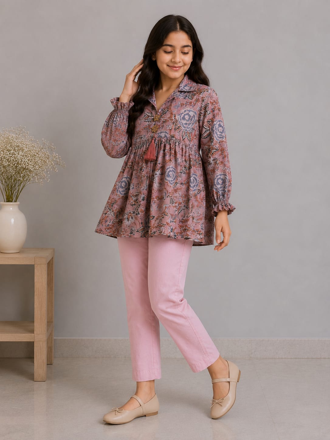 Women's Dusty Rose Floral Printed Cotton Kurti with Blush Pink Pants Co-ord Set