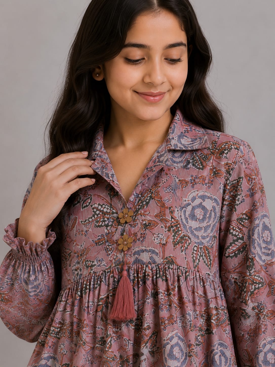 Women's Dusty Rose Floral Printed Cotton Kurti with Blush Pink Pants Co-ord Set